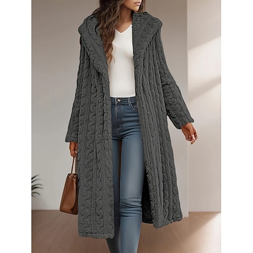 Dam Vinterkappa Sherpajacka Bekväm Andningsfunktion Ficka Ledigt Slät Semester Gata Ledigt Dagliga kläder Öppen front Lång Huva Normal Långärmad Ytterkläder Svart Aprikos Beige Vår Höst