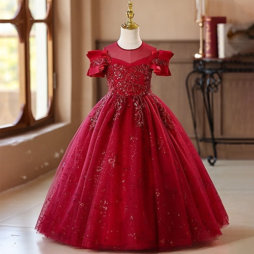 Kids Girls' Party Dress Solid Color Short Sleeve Wedding Special Occasion Princess Polyester Party Dress Flower Girl's Dress Summer Spring Fall 4-13