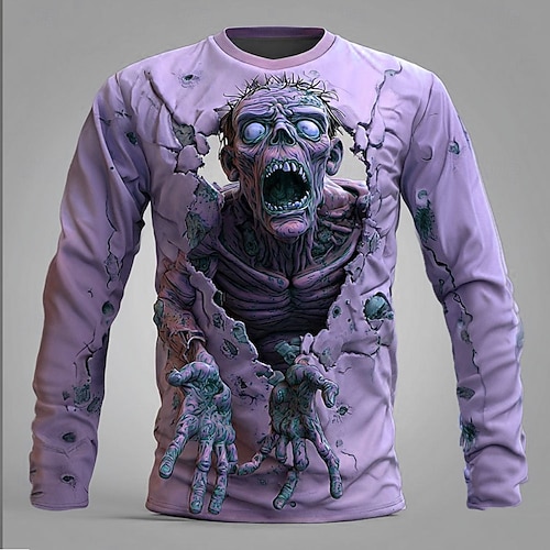  Halloween Herren Zombies 3D T Shirt Langarm T-Shirt 3D-Druck Rundhalsausschnitt Hemd Mode Übertrieben Straße Lässig Täglich Blau Purpur Grün Sommer Frühling Herbst Bekleidung S M L XL XXL XXXL
