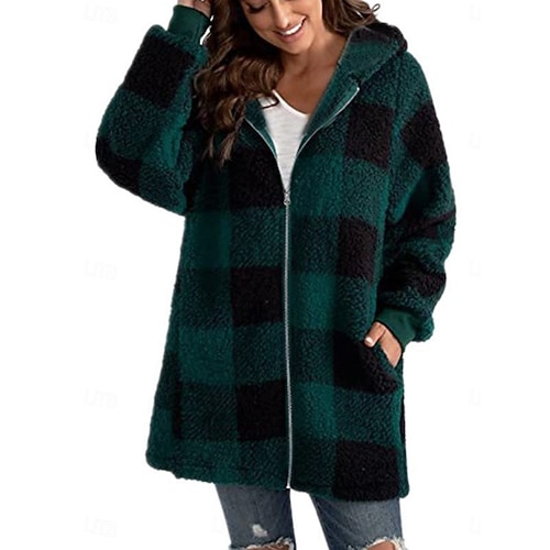  Dam Fleece-jacka Vardaglig jacka Hoodiejacka Bekväm Andningsfunktion Dragkedja Ficka Mönster Ledigt Rutig Semester Gata Ledigt Dagliga kläder Dragkedja Lång Huva Lös passning Långärmad Ytterkläder