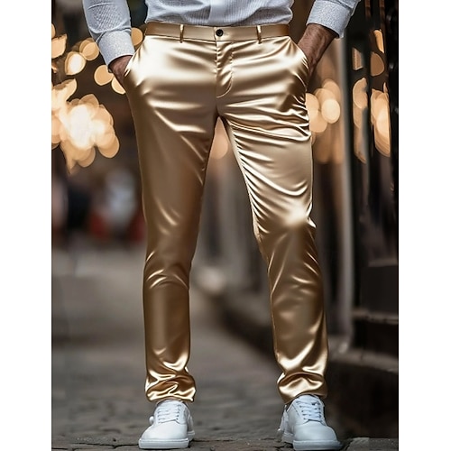  Per uomo Aderente Pantaloni Pantaloni Eleganti Come la seta Pantaloni in raso Tasca Semplice Traspirante Lunghezza intera Formale Feste Club Moda Streetwear Bianco Oro Inelastico