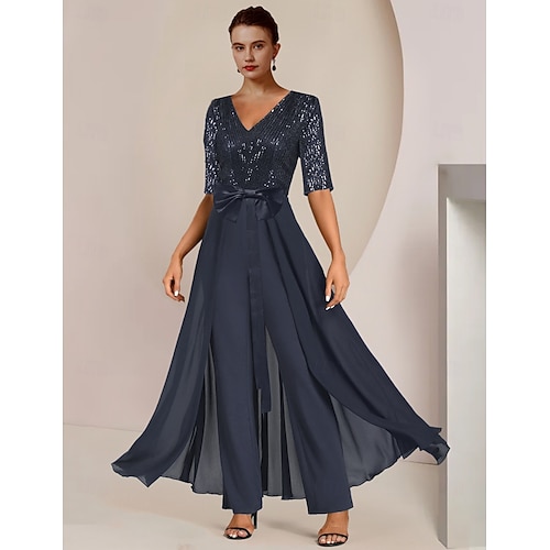 Jumpsuit Brautmutter Formal Hochzeit Gast Elegant Scoop Neck Knöchellang Chiffon Pailletten Halber Ärmel mit Schleife(n) Pailletten