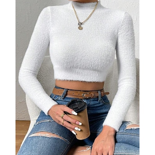  Femmes Pull Mode Occasionnel Couleur Unie Côtelé Col montant Tricoté manche longue Hauts Réguliers Tricoter Extérieur Quotidien Week-end Noir Blanche Automne Hiver