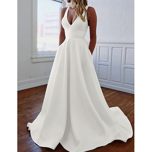 Lässige einfache Hochzeitskleider A-Linie V-Ausschnitt ärmellos Sweep  Bürsten Schleppe Satin Brautkleider mit Tasche