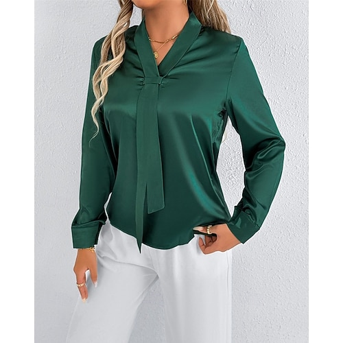  Per donna Camicia Camicia in raso Tinta unica Elegante Casual Manica Lunga Scollo a V Top Regolari Quotidiano Uscire Nodo frontale Verde Grigio chiaro Primavera Autunno