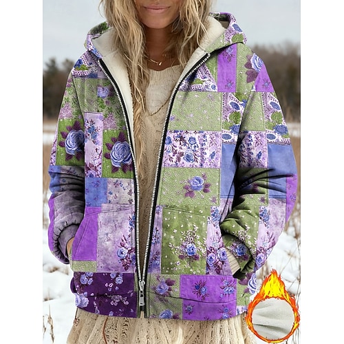  Casaco de Inverno Feminino Jaqueta de Fleece Forrado com Fleece Jaqueta Casual Quente Bolso com Zíper Impressão Moda Casual Floral Rua Casual Ajuste Regular Capuz Ajuste Solto Manga Longa Roupas