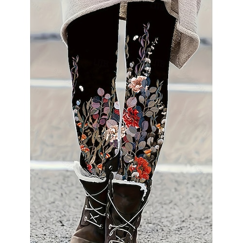  Damskie Getry Zabytkowe Moda Moda miejska Pełna długość Wysoka talia Kwiaty Graficzny Drukowanie Keep Warm Miękka Oddychający Elastyczny Urlop Ulica Czarny Żółty Pomarańczowy Zielony Wiosna Jesie