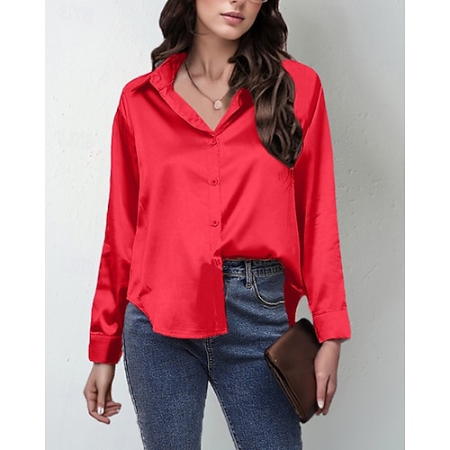  Per donna Camicia Camicia in raso Semplice Elegante Casual Manica Lunga Colletto a Camicia Top Regolari Quotidiano Uscire Bottoni Nero Rosa Vino Rosso Blu marino Primavera Autunno
