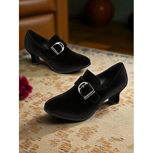  Women's 1920s Edwardian Burgundy Velvet Buckle Loafers Low Heel Vintage Shoes – Retro Elegant Dress Footwear for Ladies Formal , Evening Occasions and Gatsby Party