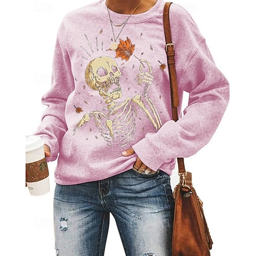  Per donna Felpa Pullover Grafico Teschio Halloween Attivo Moda Streetwear Manica Lunga Girocollo Top Regolari Streetwear Abbigliamento Quotidiano Casuale Stampato Giallo Rosa Blu Grigio Autunno