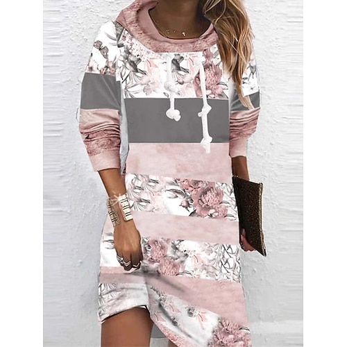  Damen Minikleid Etui-Kleid Shiftkleid Party Lässig Boho Outdoor Heim Sport Normale Passform Blumen Grafik Langarm Mit Kapuze Rosa Dunkelgrau Grau Frühling Herbst Winter