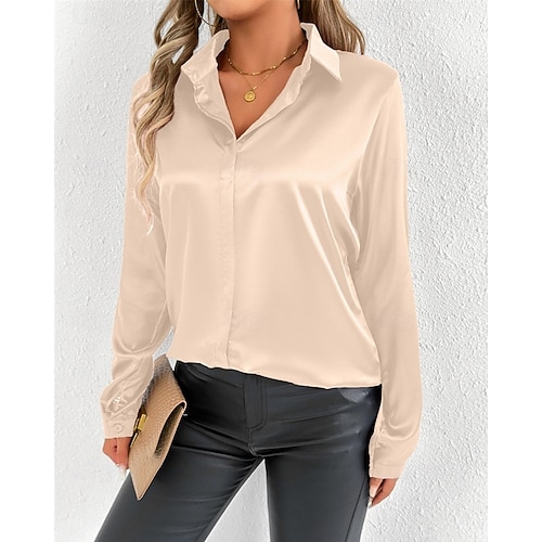  Per donna Camicia Camicia in raso Tinta unica Elegante Casual Manica Lunga Colletto a Camicia Top Regolari Quotidiano Uscire Bottoni Nero Bianco Beige Primavera Autunno