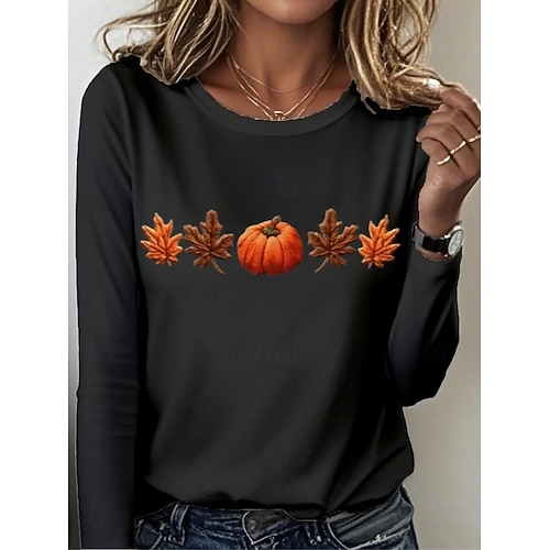  Femmes T-shirt Graphique Plantes ancien Élégant Classique manche longue Col ras du cou Col rond Hauts Réguliers Quotidien Imprimé Noir Bleu Orange Gris foncé Gris Printemps Automne Hiver