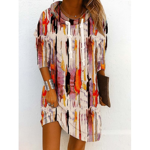  Damen Minikleid Etui-Kleid Shiftkleid Party Lässig Boho Outdoor Heim Sport Lässiger Schnitt Blumen Grafik Langarm Mit Kapuze Gelb Rosa Purpur Grün Frühling Herbst Winter
