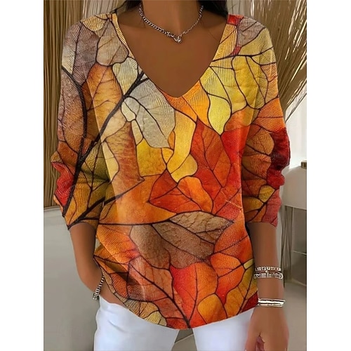  Femmes Pull Élégant Mode Streetwear Fleuri Graphique Col en V Tricoté manche longue Hauts Réguliers Tricoter Week-end Jaune Gingembre Automne Hiver