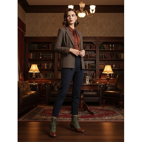  Botas femininas estilo vitoriano vintage, estilo anos 1920, com cadarço – botas de salto bicolores, marrom e verde-oliva, com detalhes em brogue para cosplay, steampunk e looks de outono