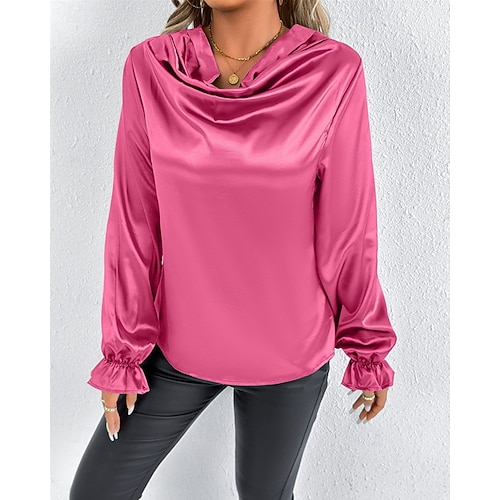  Per donna Camicia Camicia in raso Tinta unica Elegante Casual Manica Lunga Scollo a Cascata Top Regolari Quotidiano Uscire Drappeggiato Nero Rosa Verde Albicocca Primavera Autunno