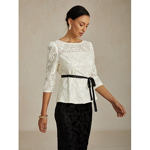  Femmes Hauts en dentelle Fleuri Graphique Élégant Col Bateau Hauts Réguliers Blanche Été Printemps Automne