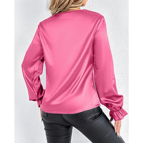  Per donna Camicia Camicia in raso Tinta unica Elegante Casual Manica Lunga Scollo a Cascata Top Regolari Quotidiano Uscire Drappeggiato Nero Rosa Verde Albicocca Primavera Autunno