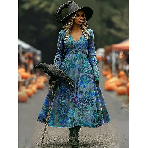  Halloween Per donna Abito maxi Abito a trapezio Vacanza Casual Boho Spiaggia Vestibilità regolare Floreale Grafico Manica Lunga Scollo a V Rosso Blu Viola Arancione Primavera Autunno