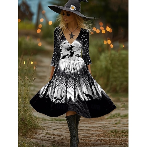  Halloween Dámské Midi šaty Áčkové šaty prázdniny Na běžné nošení Párty Běžný Grafika Hokus pokus Dlouhý rukáv Do V Černá Oranžová Jaro Podzim