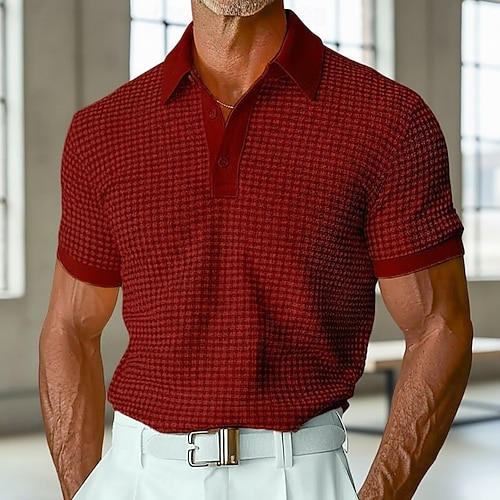  Men's Waffle Polo Shirts Polo Shirts Casual Holiday Lapel Ribbed Polo Collar Short Sleeve Fashion Basic Plain Buttons Soft Summer Spring Regular Fit White Yellow Burgundy Mint Green Green khaki