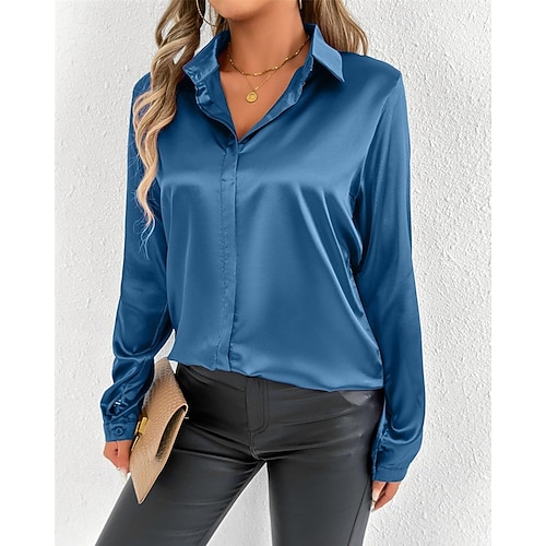  Per donna Camicia Camicia in raso Tinta unica Elegante Essenziale Casual Manica Lunga Colletto a Camicia Top Regolari Quotidiano Uscire Bottoni Rosso Blu marino Blu Reale Primavera Autunno