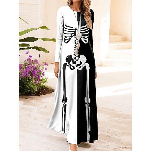 Rochie maxi pentru femei de Halloween cu imprimeu de cranii rochie de tip shift rochie în linie A casual pentru zi croi obișnuit grafic taur mânecă lungă guler rotund negru mov toamnă iarnă
