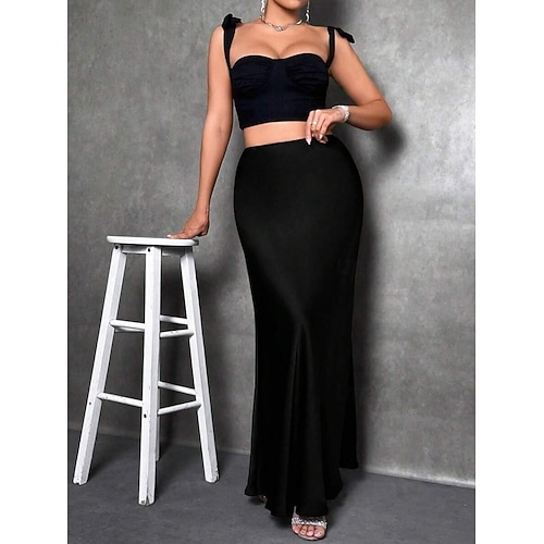  Femmes Jupe Moulant Élégant Mode Maxi Taille haute Jupes Uni Micro-Élastique Soirée Rue Noir Fuchsia Vert Kaki Printemps Satin Polyester