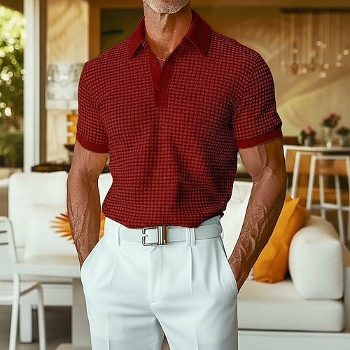  Men's Waffle Polo Shirts Polo Shirts Casual Holiday Lapel Ribbed Polo Collar Short Sleeve Fashion Basic Plain Buttons Soft Summer Spring Regular Fit White Yellow Burgundy Mint Green Green khaki