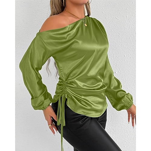  Dames Overhemd Satijnen overhemd Effen Stijlvol Casual Lange mouw koude schouder Normale tops Dagelijks Uitgaan Asymmetrisch Zwart Groen Lente Herfst