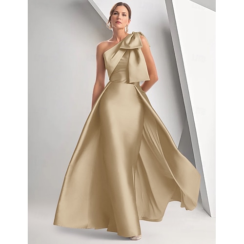 Robe de soirée A-Line élégante robe formelle longueur sol sans manches épaule unique mariage d'automne satin avec nœud(s)