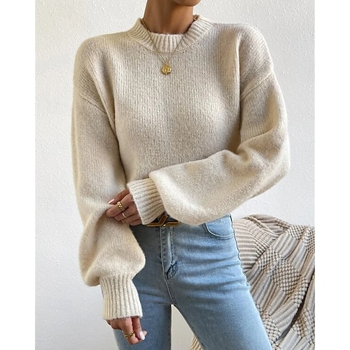  Femmes Pull Mode Occasionnel Couleur Unie Côtelé Col montant Tricoté manche longue Hauts Réguliers Tricoter Extérieur Quotidien Week-end Abricot Automne Hiver