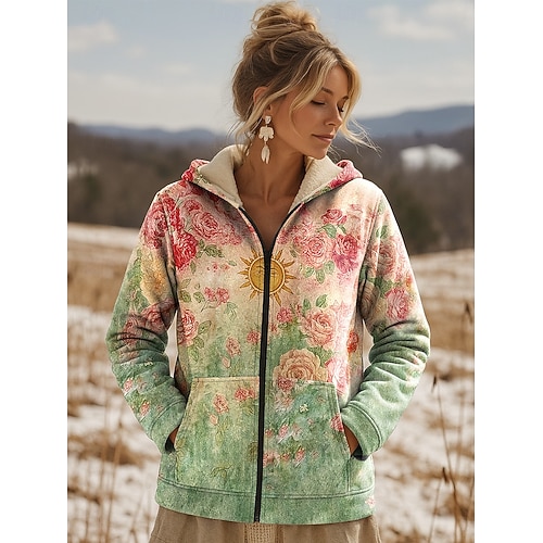  Per donna Felpa con cappuccio Floreale Casual Manica Lunga Con Cappuccio Top Regolari Casuale Sportivo Tasca Verde chiaro Rosa Cachi Autunno Inverno