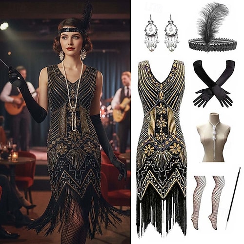 Roaring 20s 1920s Knee Length Dress Flapper Dress Fancy Costume Plus Size Sleeveless The Great Gatsby Charleston Sequins Tassel Fringe Feather V Neck Fancy Dress Women's Carnival New Year Evening 2026 - $55.99 Roaring 20s 1920s Knee Length Dress Flapper Dress Fancy Costume Plus Size Sleeveless The Great Gatsby Charleston Sequins Tassel Fringe Feather V Neck Fancy Dress Women's Carnival New Year Evening 2026 - $55.99