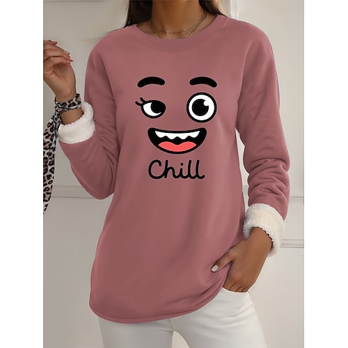  felpa da donna con stampa grafica, calda, casual, pelosa, manica lunga, girocollo, normale, casual da strada, giallo, rosa, rosa scuro, blu, grigio, primavera, autunno, inverno
