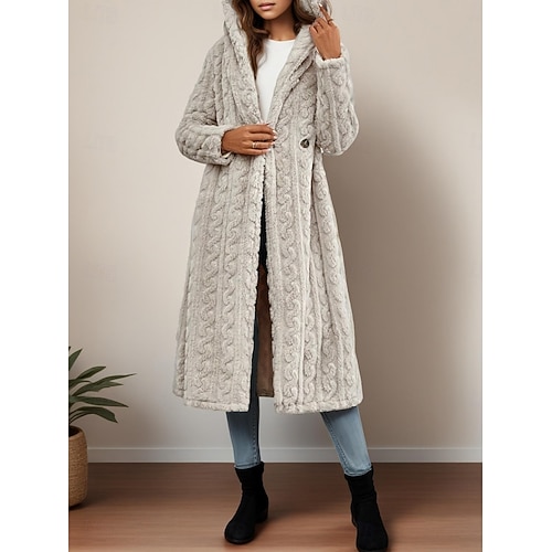  Dam Vinterkappa Sherpajacka Bekväm Andningsfunktion Ficka Ledigt Slät Semester Gata Ledigt Dagliga kläder Öppen front Lång Huva Normal Långärmad Ytterkläder Svart Aprikos Beige Vår Höst