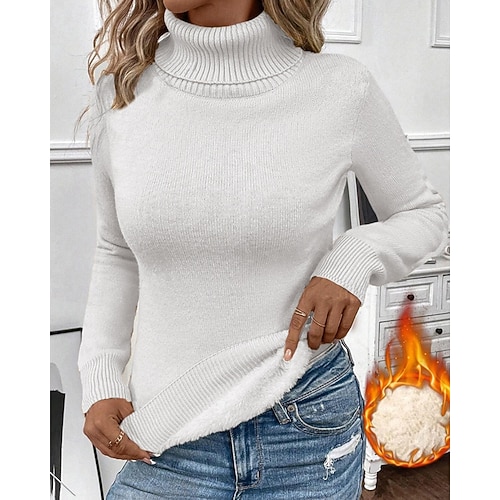  Damen Pullover Lässig Weich Einfarbig Gerippt Rollkragen Gestrickt Langarm Normale Oberteile Stricken Outdoor Täglich Wochenende Schwarz Weiß Herbst Winter