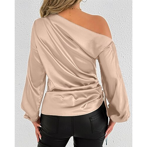  Dames Overhemd Satijnen overhemd Effen Kleur Stijlvol Casual Lange mouw Schouderafhangend koude schouder Normale tops Dagelijks Uitgaan Asymmetrisch Blozend Roze Abrikoos Lente Herfst