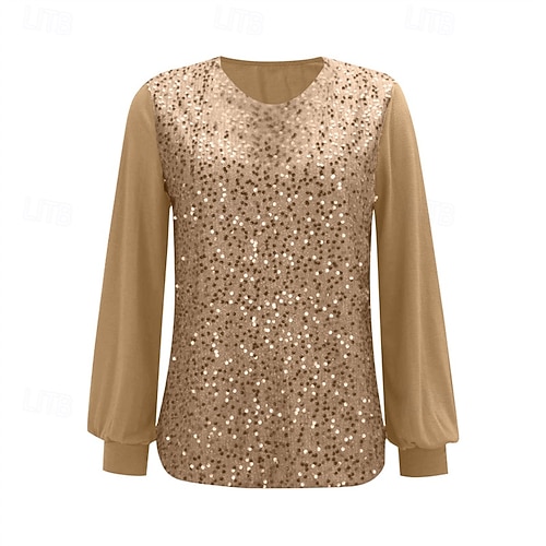  Femmes T-shirt Couleur Unie Mode Élégant Classique manche longue Col rond Hauts Réguliers Quotidien Week-end Paillettes Patchwork Dorée Printemps Automne