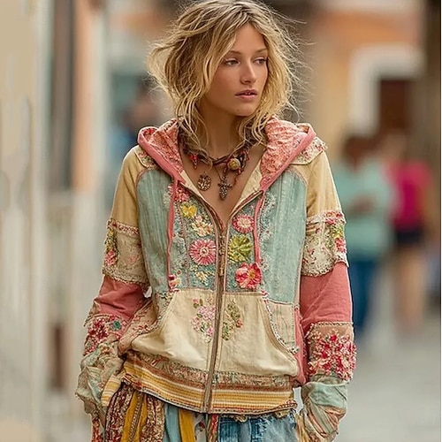  Felpa con cappuccio vintage boho 3D stampata per donne felpa patchwork con cappuccio felpa con zip floreale moda vintage casual con maniche lunghe cappuccio uso quotidiano da strada patchwork tasca