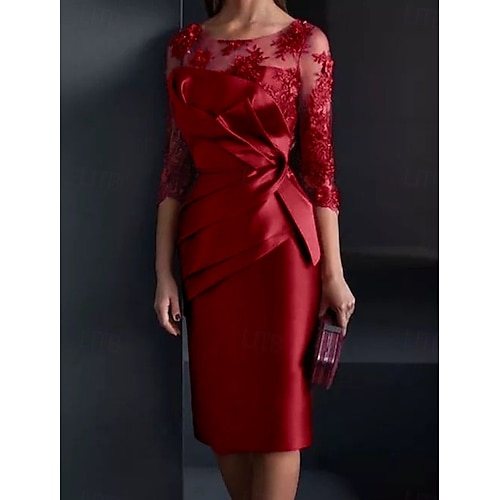 Rochie lui Mama Miresei Model Sheath pentru Invitat de Nuntă Elegant Guler Iluzie La Genunchi Satin Dantelă Maneci 3/4 cu Aplicații Plisate