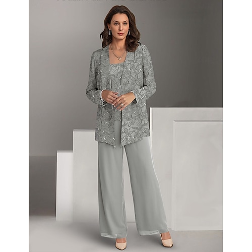 Completo Formale per Matrimonio in Spiaggia 3 Pezzi Madre della Sposa Elegante Scollatura a Gioiello in Chiffon Maniche Lunghe Con Fodera Inclusa Ricamo in Pizzo Colore Unito