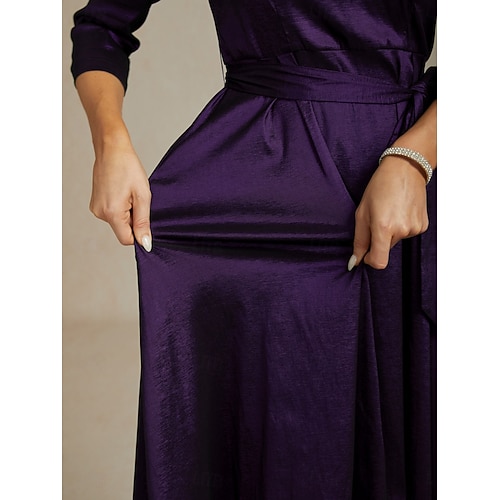  Femmes Robe Maxi Robe de Soirée Élégant ancien Coupe régulière Couleur Unie Manche 3/4 Col en V Aubergine Automne Hiver