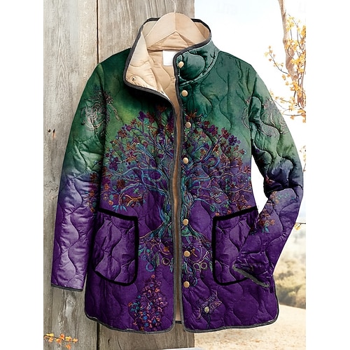  Women's Winter Jacket Quilted Jacket Warm Lightweight Print Elegant Vintage Boho Vintage Vacation Home Casual Regular Stand Collar Regular Fit Long Sleeve Outerwear Yellow Light Purple Purple Fall