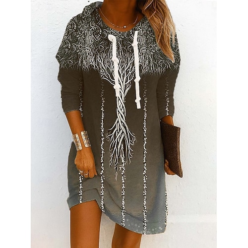  Damen Minikleid Etui-Kleid Shiftkleid Party Lässig Boho Outdoor Heim Sport Normale Passform Blumen Grafik Abstrakt Langarm Mit Kapuze Blau Purpur Grün Grau Frühling Herbst Winter
