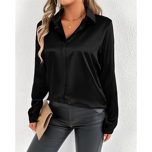 Per donna Camicia Camicia in raso Tinta unica Elegante Casual Manica Lunga Colletto a Camicia Top Regolari Quotidiano Uscire Bottoni Nero Bianco Beige Primavera Autunno