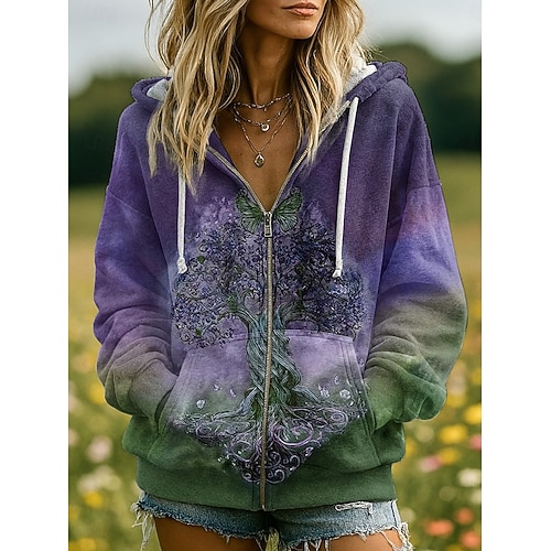 Γυναικείο Vintage 3D Print Boho Hoodie Patchwork Φούτερ με Δουλειά Λουλουδιών Zip Up Casual Χακί Ημέρας Patchwork Zip Πόρτα Ανοιχτό Μωβ Μωβ Καφέ Πράσινο Άνοιξη Φθινόπωρο