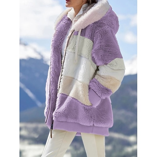 Per donna Giacca Sherpa Confortevole Traspirante Patchwork Cerniera Casual Blocco di colori Vacanza Streetwear Casuale Abbigliamento quotidiano Cerniera Regolare Con Cappuccio Vestibilità regolare  Per donna Giacca Sherpa Confortevole Traspirante Patchwork Cerniera Casual Blocco di colori Vacanza Streetwear Casuale Abbigliamento quotidiano Cerniera Regolare Con Cappuccio Vestibilità regolare