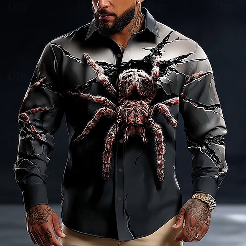 horror dress shirts Men's Optical Illusion Spider Horror Shirt Button Up Shirt Long Sleeve Dark  Gothic Style Outdoor Holiday Spring Fall Turndown 3D Print Collared Shirts  Gray 2026